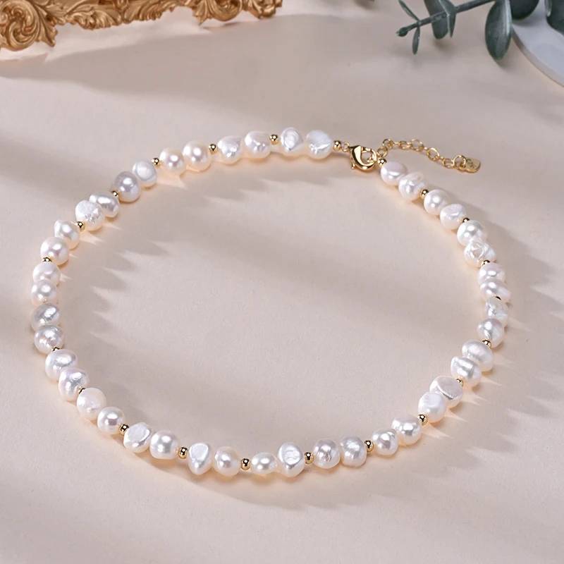 Designer Genuine White Freshwater Pearl Necklace in Gold-0